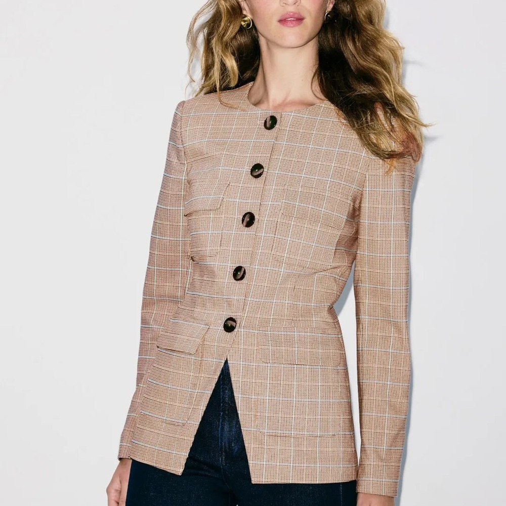Veronica Beard Orrin Jacket size 14 Tailored Plaid Button-Front Jacket in Beige